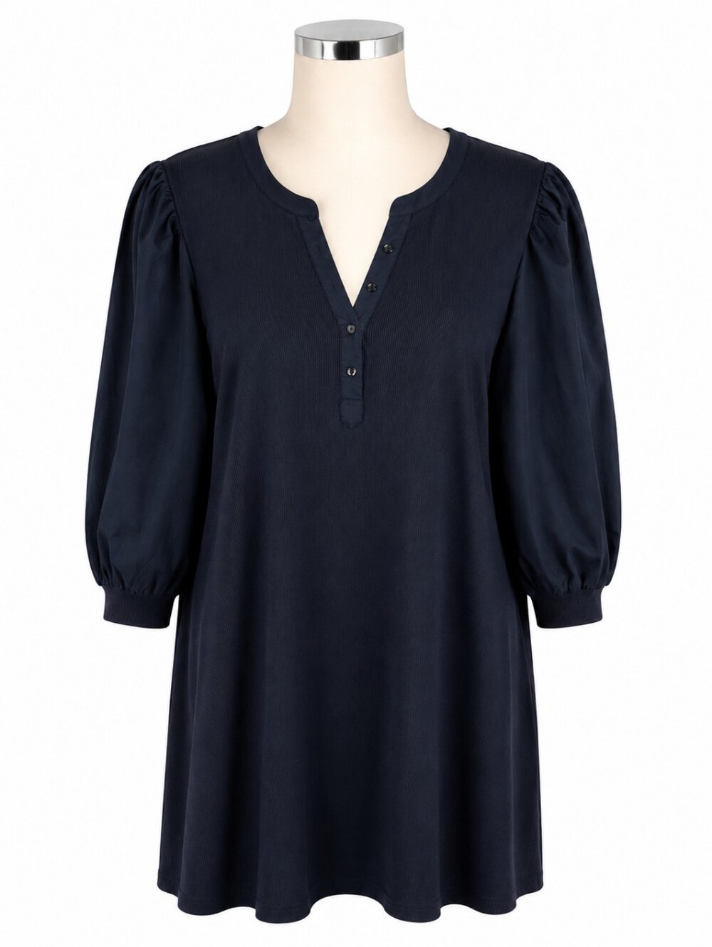 Chicos Navy Blue Ribbed Henley Shift Dress Balloon Sleeve Size 3 US XL 16/18